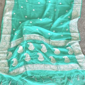 Handcrafted Pure Banarasi Khaddi Chiffon Saree Turquoise