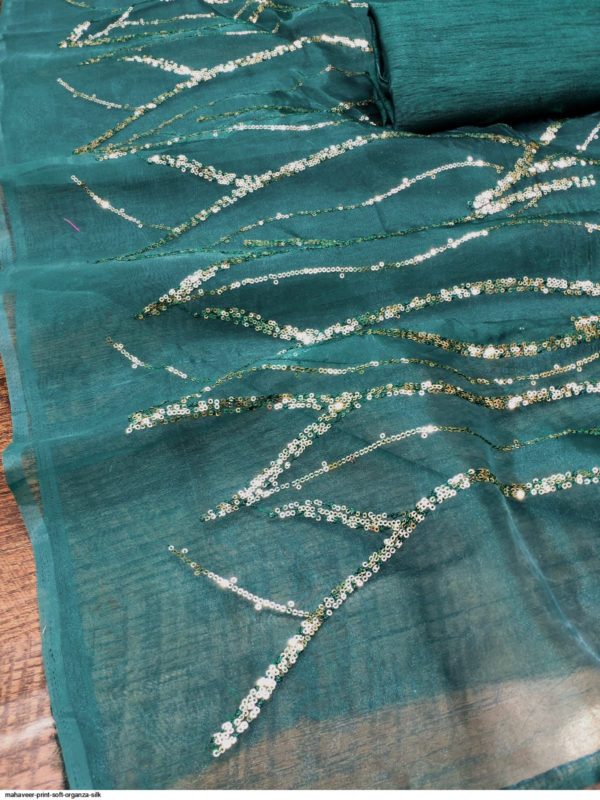 Organza Sequins Saree Green - Image 3