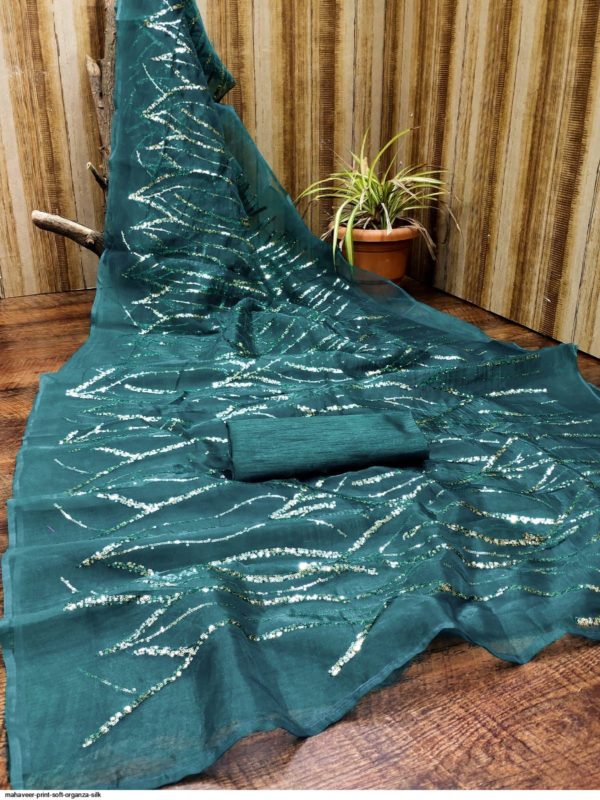 Organza Sequins Saree Green - Image 2