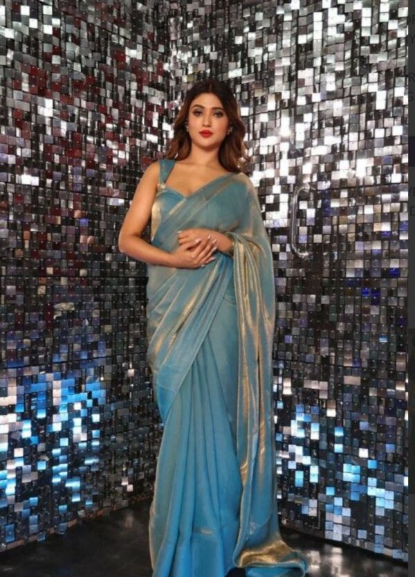 Shiny Saree with Stitched Blouse Blue