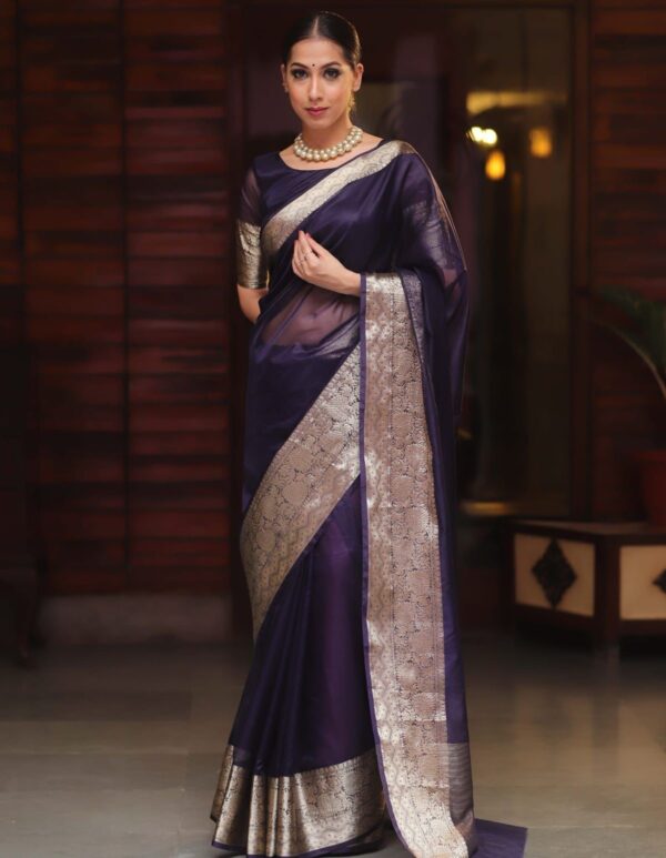 Kora Organza Jacquard Saree Purple