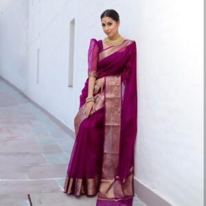 Kora Organza Jacquard Saree Pink
