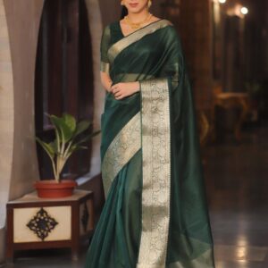 Kora Organza Jacquard Saree Green
