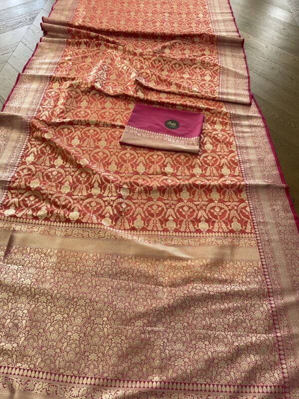 Semi Banarasi Silk Orange/Pink Saree - Image 2