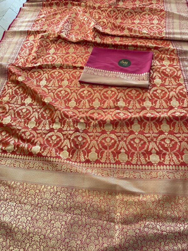 Semi Banarasi Silk Orange/Pink Saree - Image 3